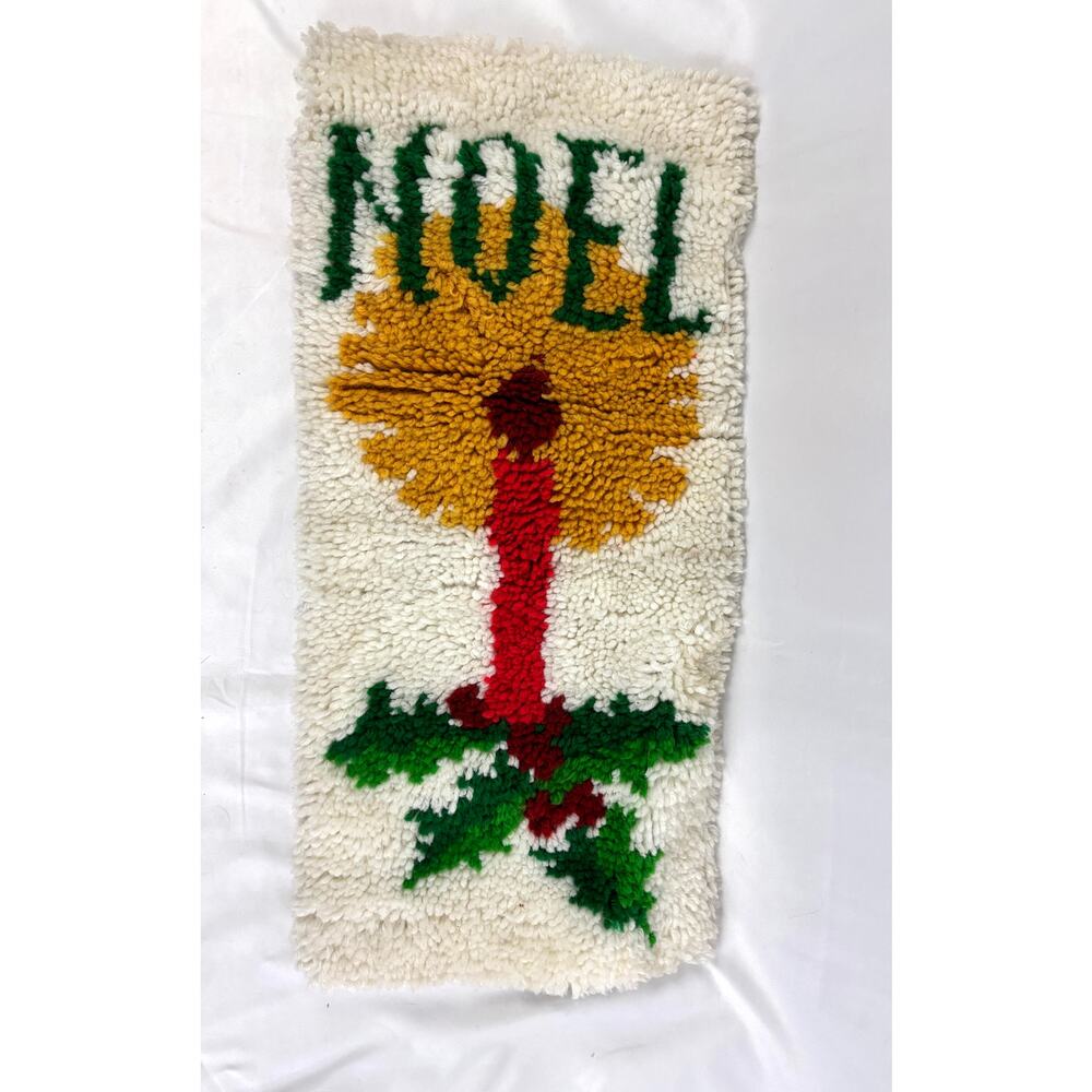 Vintage Latch Hook Wall‎ Hanging Rug Christmas Noel Candle White Green Gold